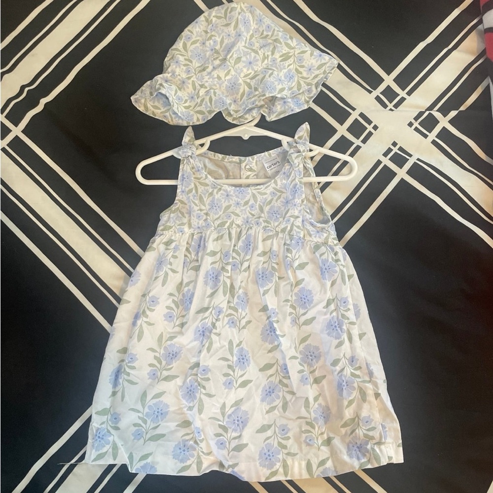 Carter's White and Blue Floral Dress with Hat